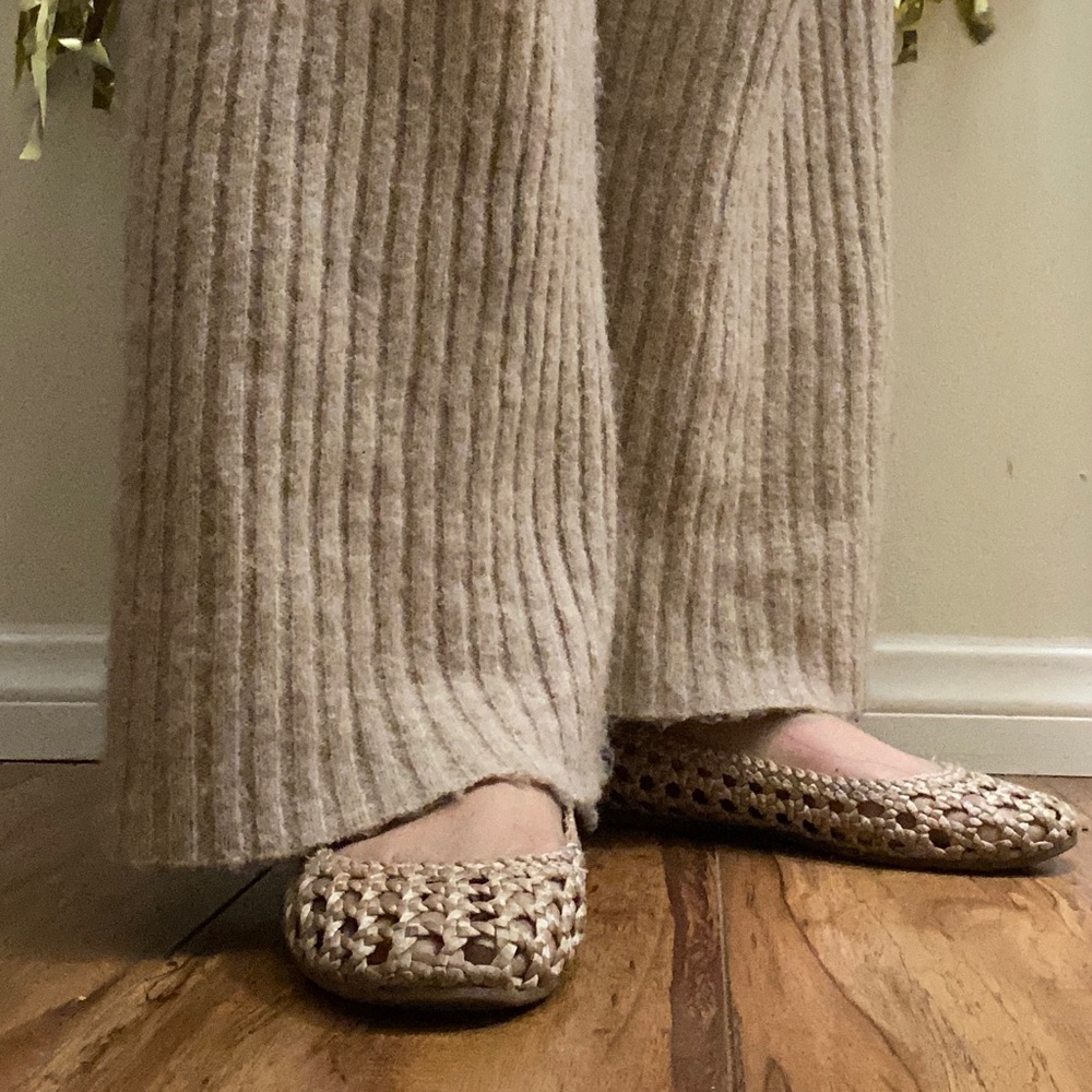 Beige Round Toe Woven Flats